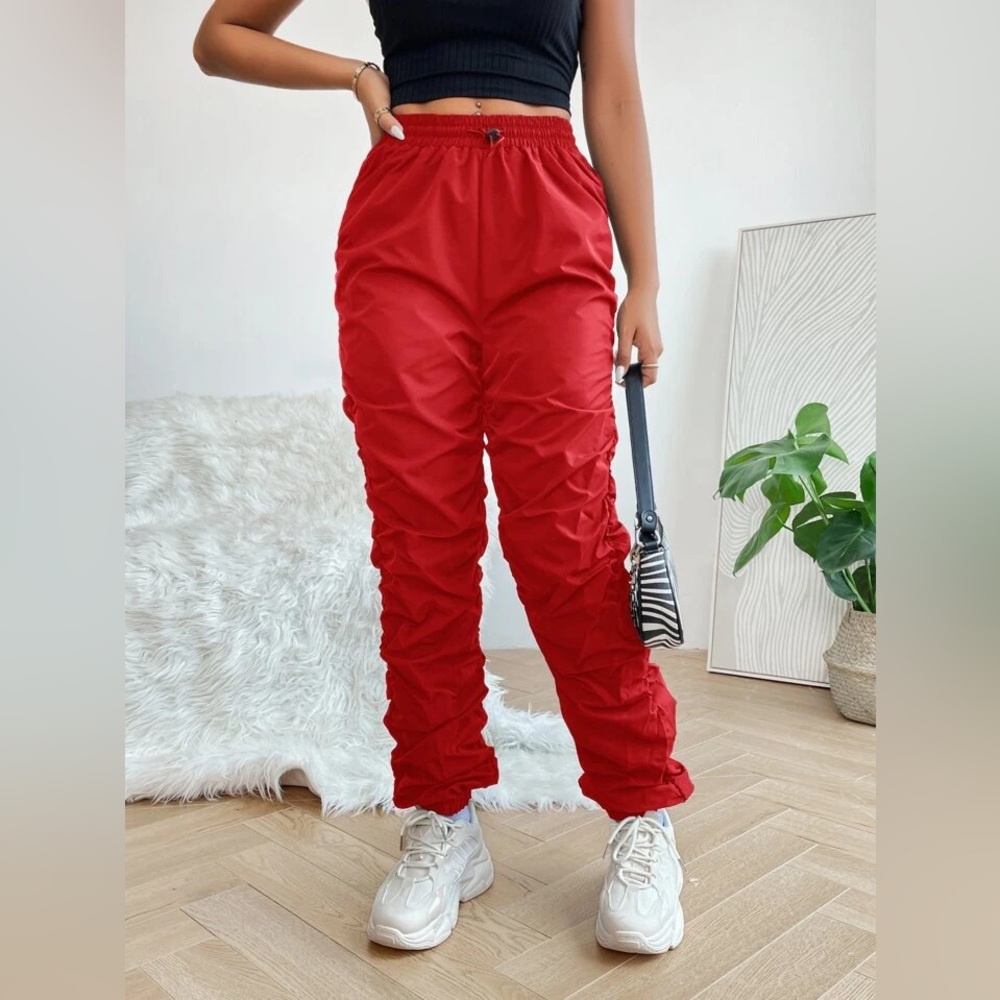 Elastic Waist Ruched Pants                              Color: Red